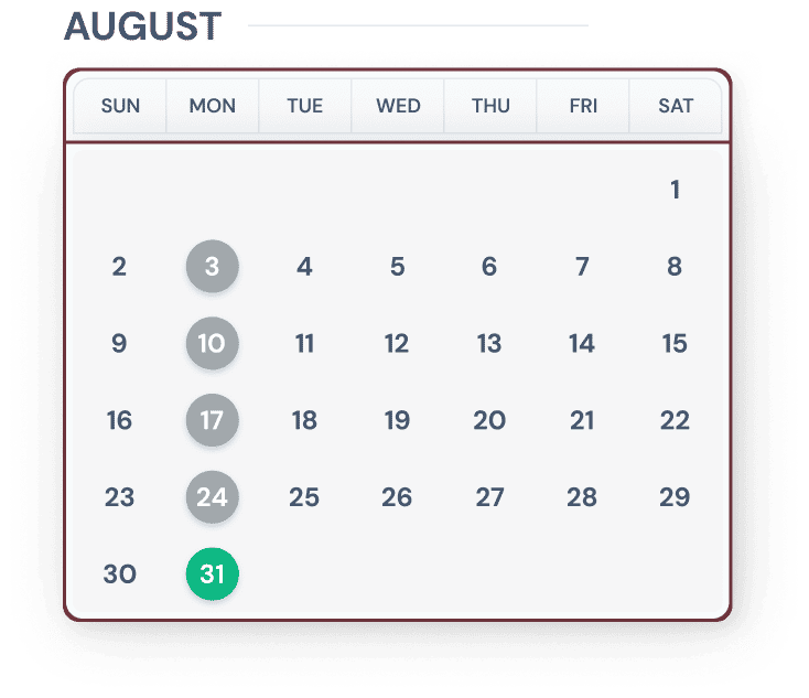 Calendar for the month of August