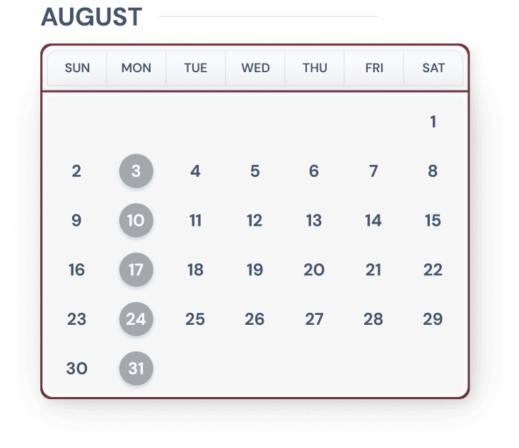 Calendar for the month of August