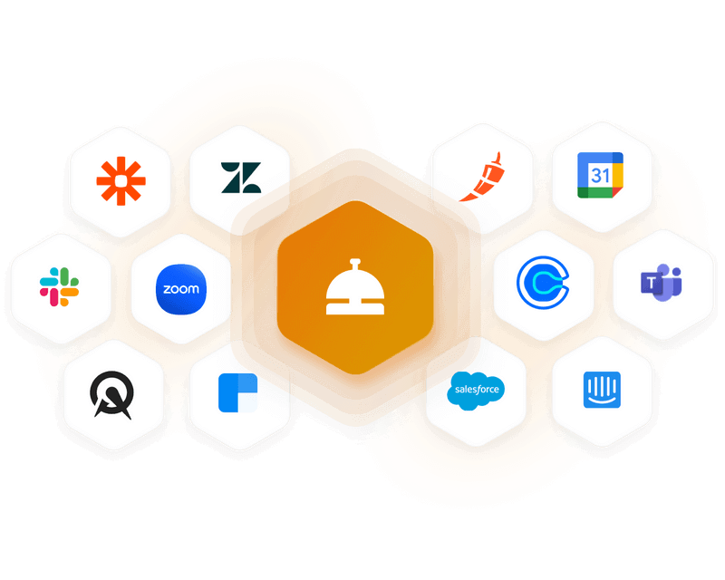 Multiple logos of companies that can integrate with ServiceBell like Zoom, Zapier, Slack, Salesforce, Clearbit.