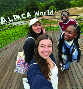 Interns smiling at Alpaca World in South Korea during a weekend trip.