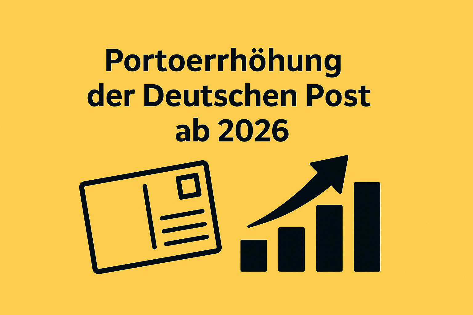 Grafik mit gelbem Hintergrund und schwarzer Überschrift „Portoerhöhung der Deutschen Post ab 2026“. Links ein Postkarten-Symbol, rechts ein Balkendiagramm mit Aufwärtspfeil zur Darstellung steigender Portokosten.