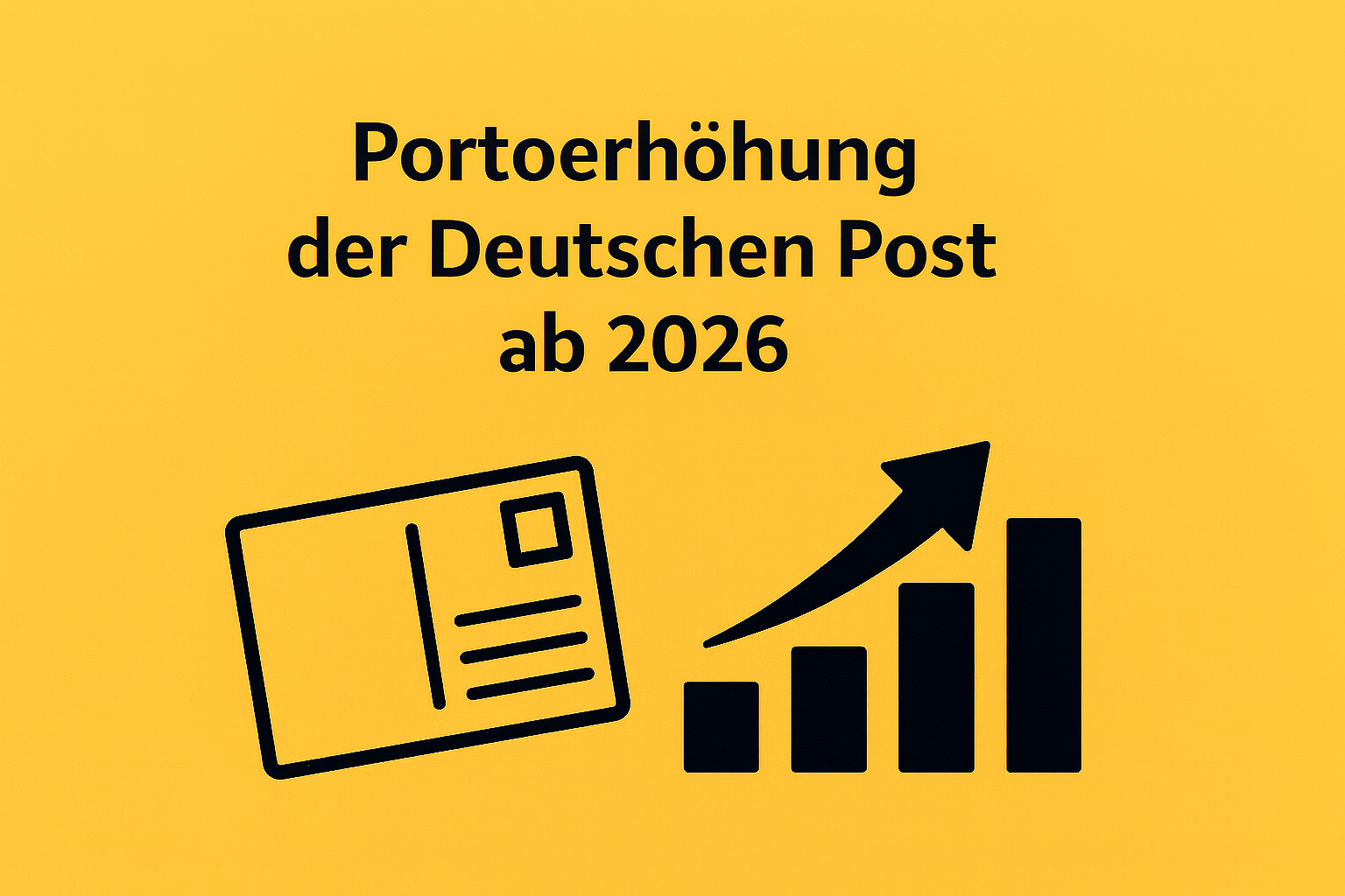 Grafik mit gelbem Hintergrund und schwarzer Überschrift „Portoerhöhung der Deutschen Post ab 2026“. Links ein Postkarten-Symbol, rechts ein Balkendiagramm mit Aufwärtspfeil zur Darstellung steigender Portokosten.