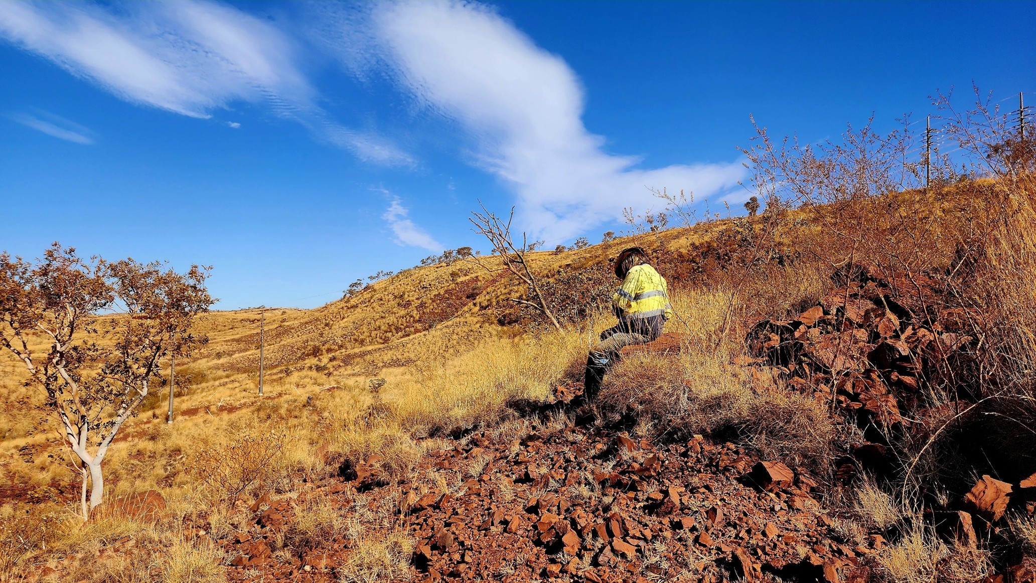 Trace Archaeologists & Anthropologists conducting an Indigenous Heritage Survey on a rocky, arid hillside under a blue sky