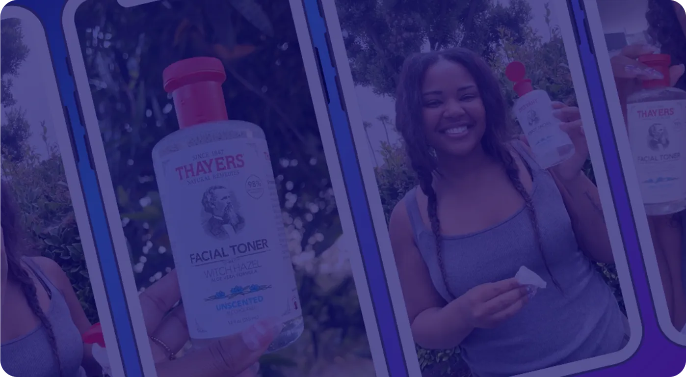 Smiling woman with braided hair holding a bottle of Thayers Witch Hazel Facial Toner and a cotton pad outdoors.