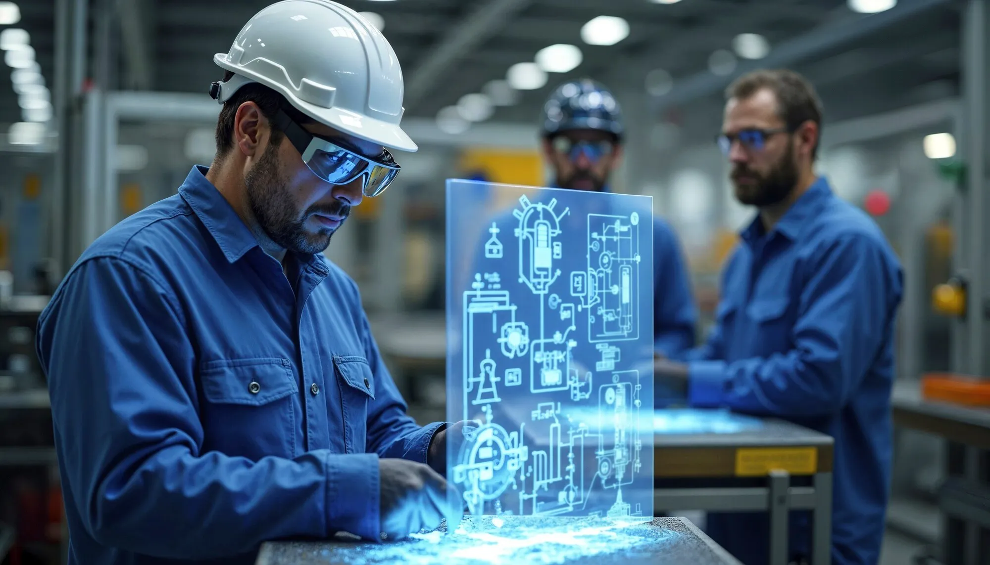 Engineer wearing a white hard hat and protective glasses interacting with a transparent digital blueprint with two colleagues in the background in an industrial setting.