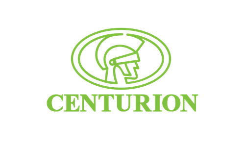 Green outline of a Roman centurion helmet inside an oval above the word CENTURION in uppercase green text.