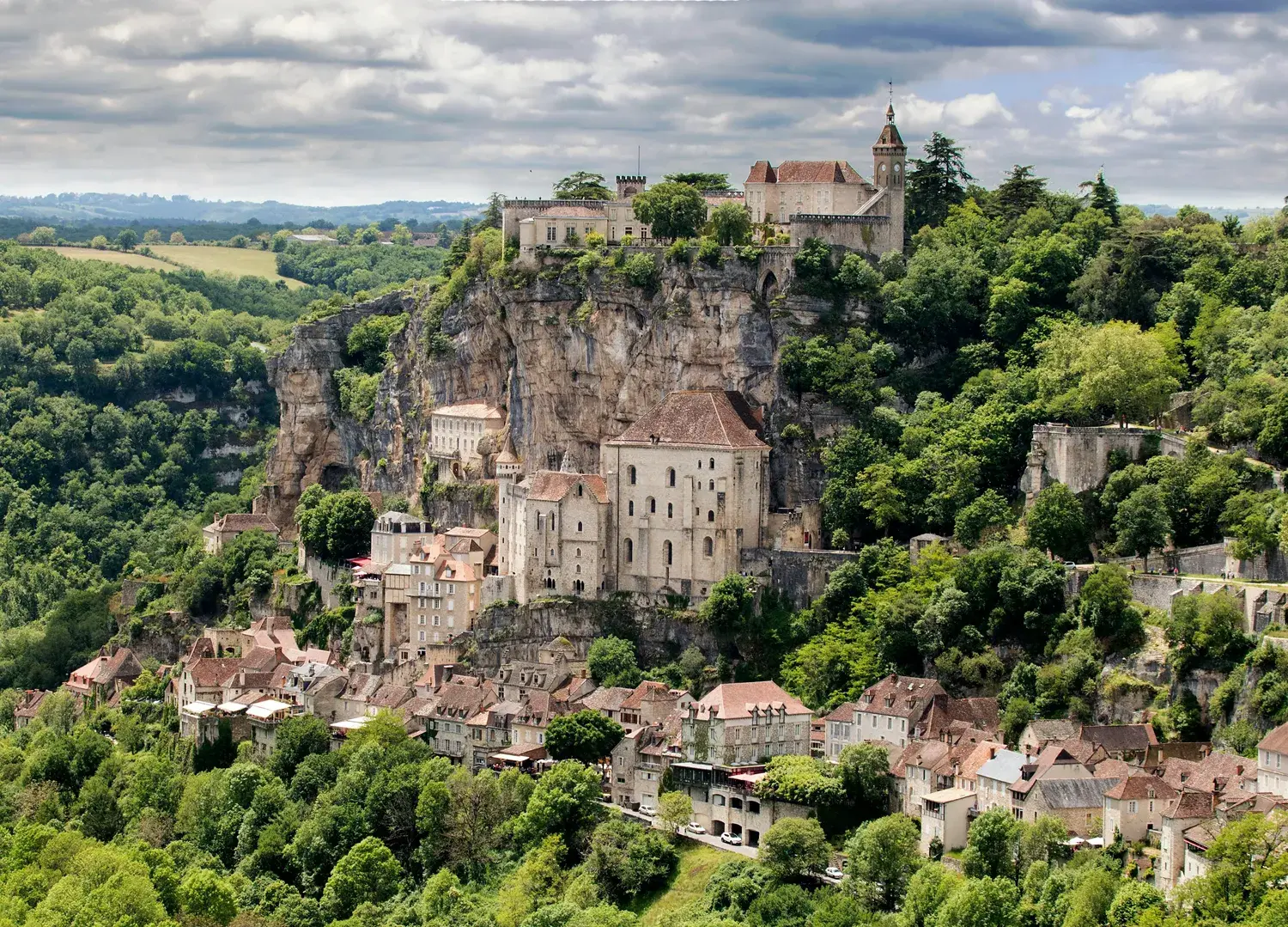 Aerial view of Rocamadour perched on its cliff, Dordogne Valley, France