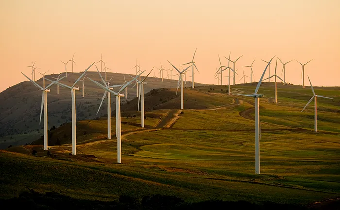 Windpark bei Sonnenuntergang auf Hügel