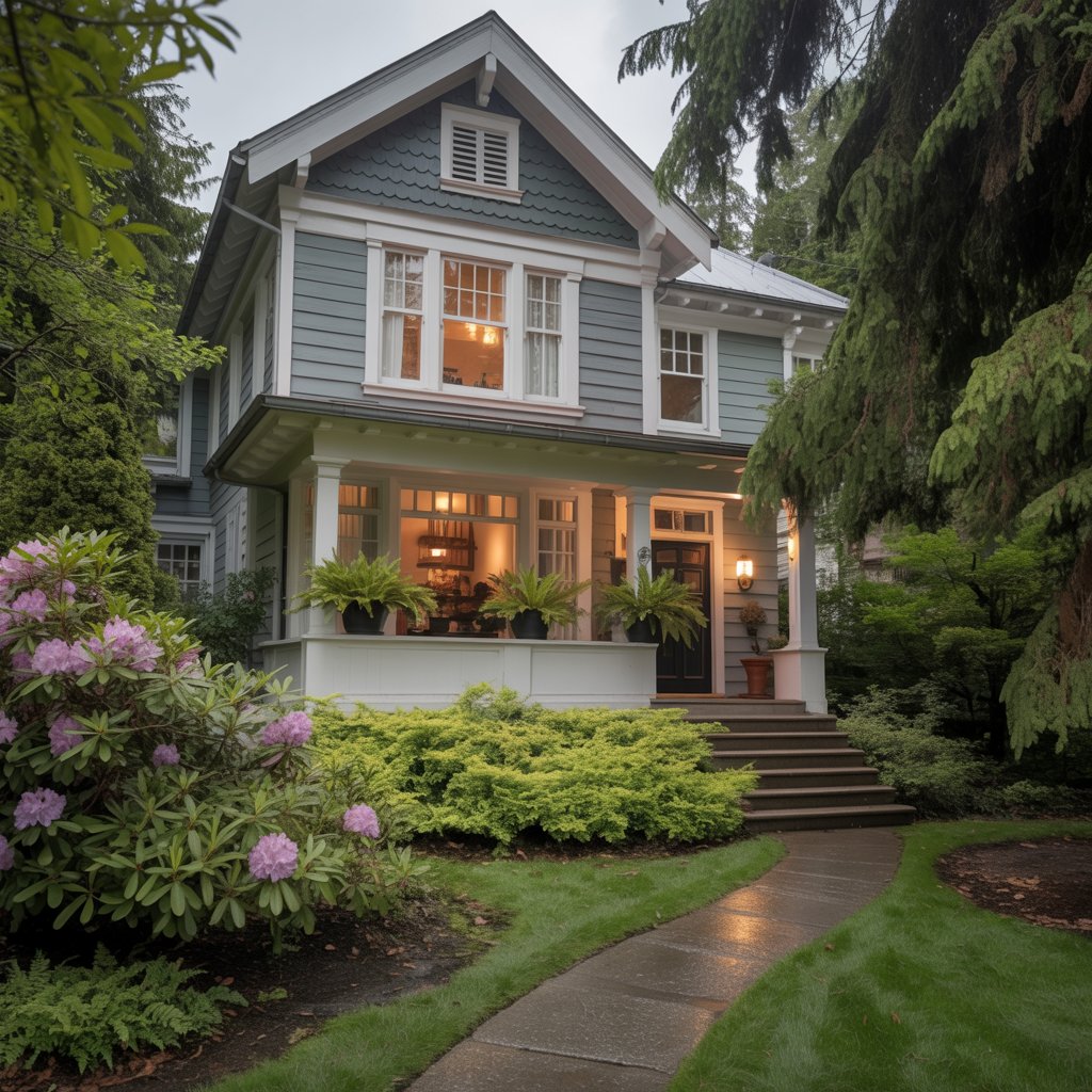 A charming two-story blue house with white trim surrounded by greenery. Colorful flowers bloom near the entrance, and warm light glows from the windows, creating a welcoming atmosphere on a rainy day.