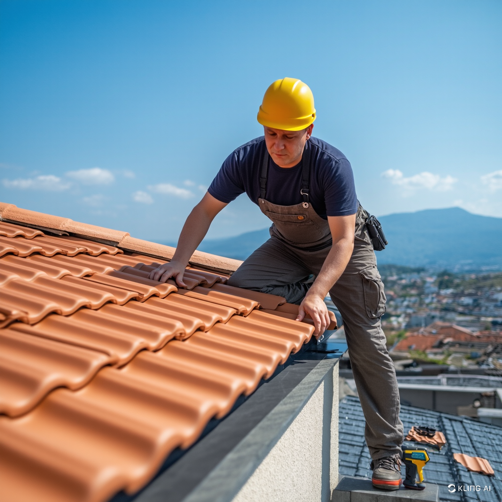 A construction worker in a yellow hard hat installing terracotta shingles on a rooftop under a clear blue sky. The worker is carefully positioned while securing the shingles, with a view of a city in the background.