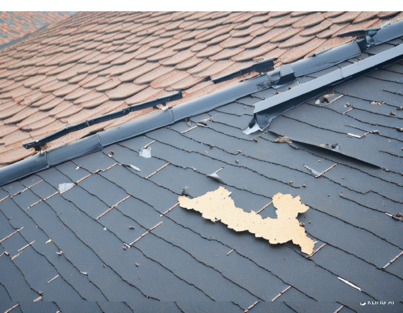 A close-up view of a damaged roof showing several cracked and missing shingles, with one shingle visibly detached and lying on the roof. This image highlights the need for emergency roofing services.