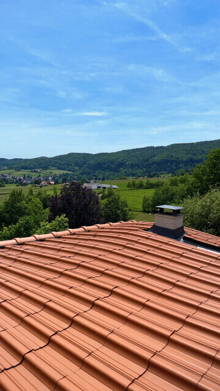 A view of a terracotta tiled roof with a chimney, overlooking green hills and trees under a clear blue sky. The image highlights details of the roof installation and the scenic landscape.