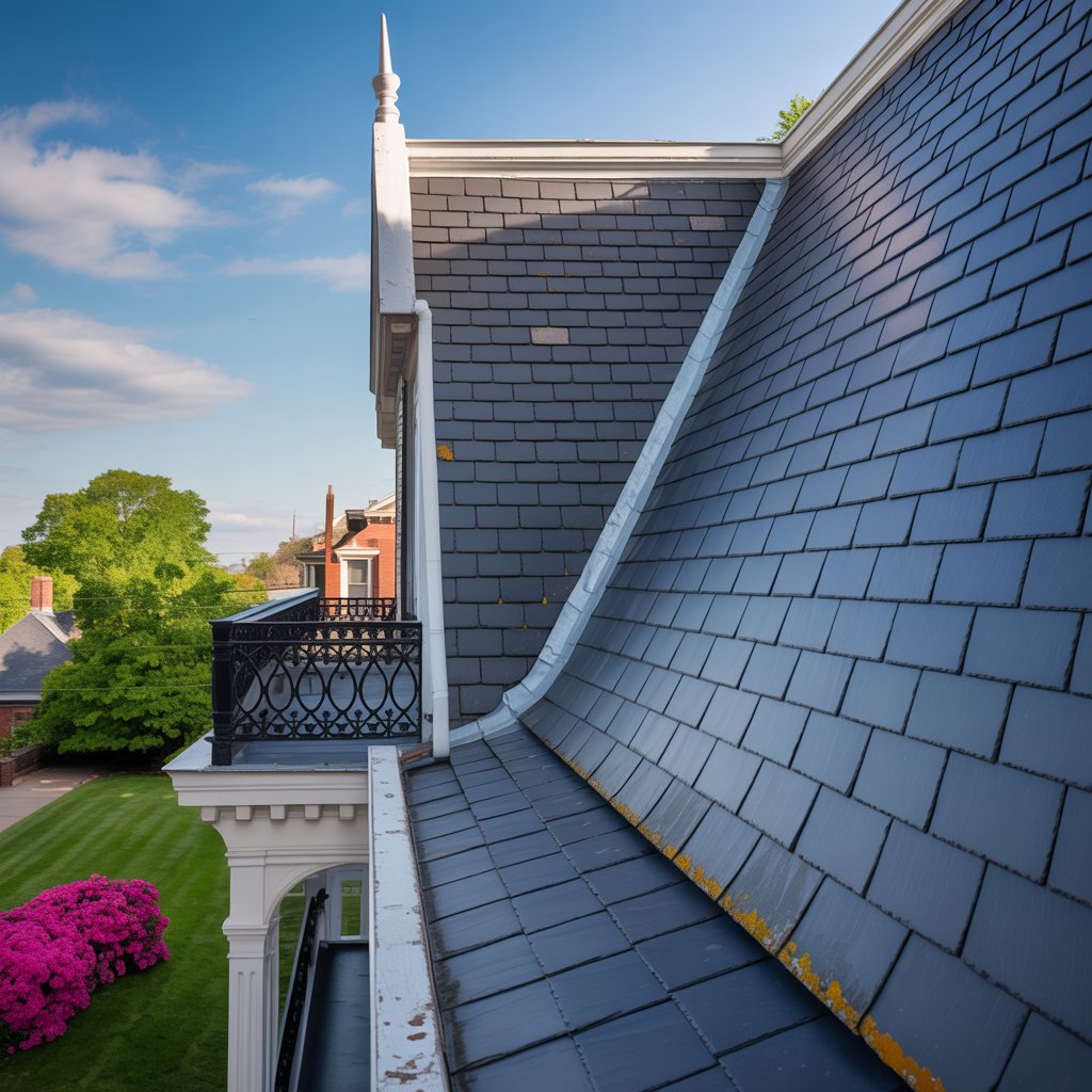 A view of a sloped black slate Richmond residential roof with a decorative edge, overlooking a green lawn with blooming pink azaleas and trees in the background under a clear blue sky.