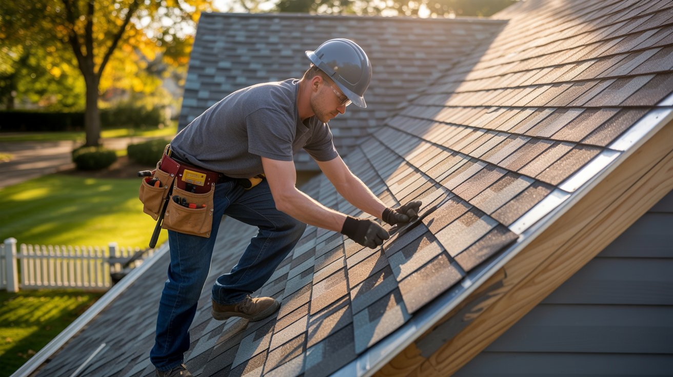 A construction worker wearing a helmet and gloves installing shingles on a sloped roof in daylight.