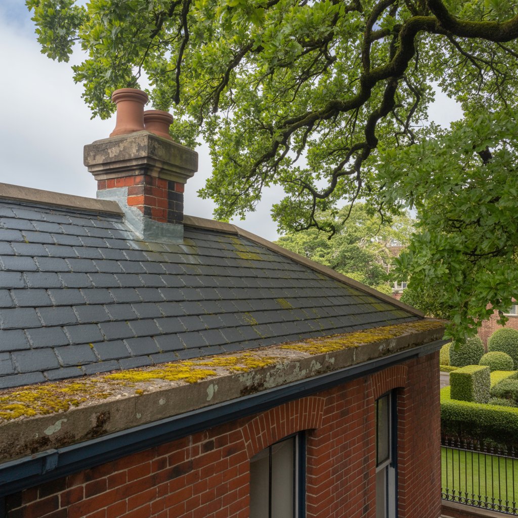 A close-up view of a black slate roof with moss growing along the edge, featuring a red brick chimney. Surrounding greenery and a neatly trimmed hedge are visible in the background, under overcast skies.
