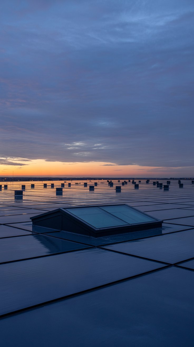 A flat commercial roof installation with multiple ventilation units and a skylight, overlooking a colorful sunrise over a calm horizon.