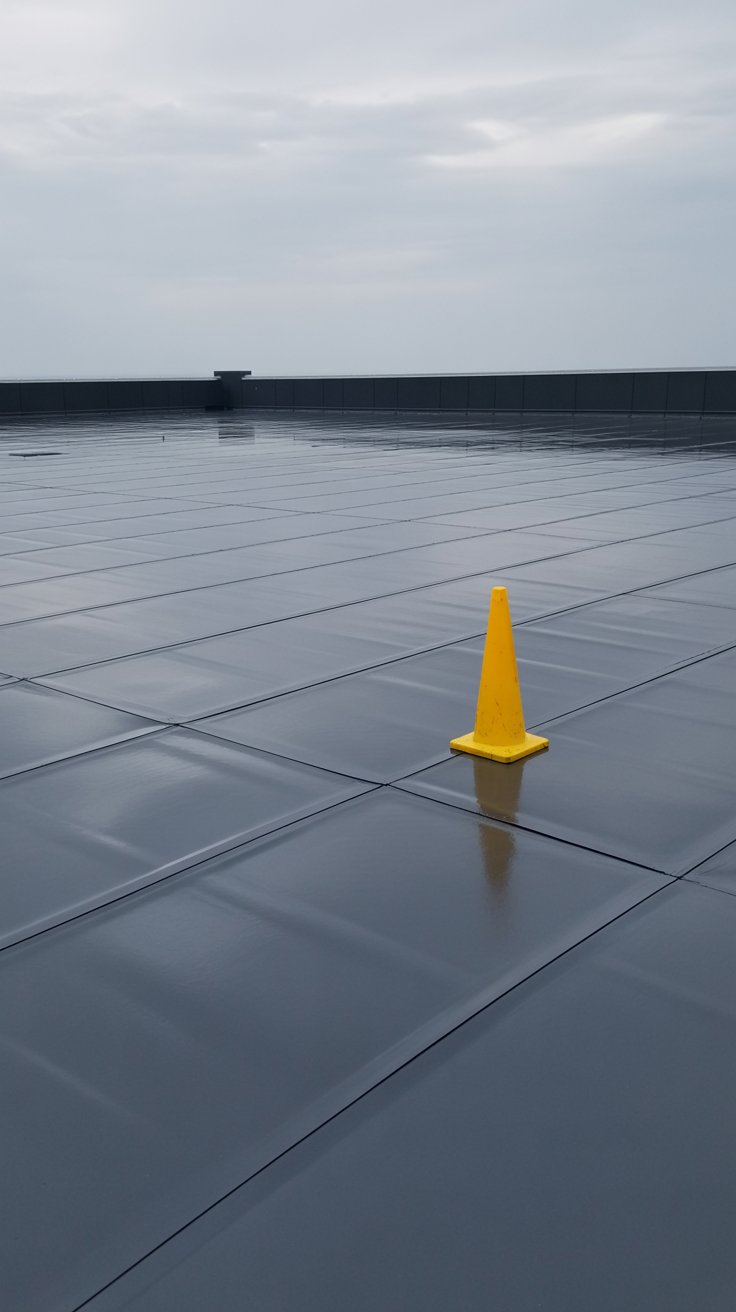 A smooth, reflective rooftop under a cloudy sky, featuring a bright yellow traffic cone placed prominently on the surface. The scene captures the expansive, flat area of the roof, emphasizing the sleek, modern design.