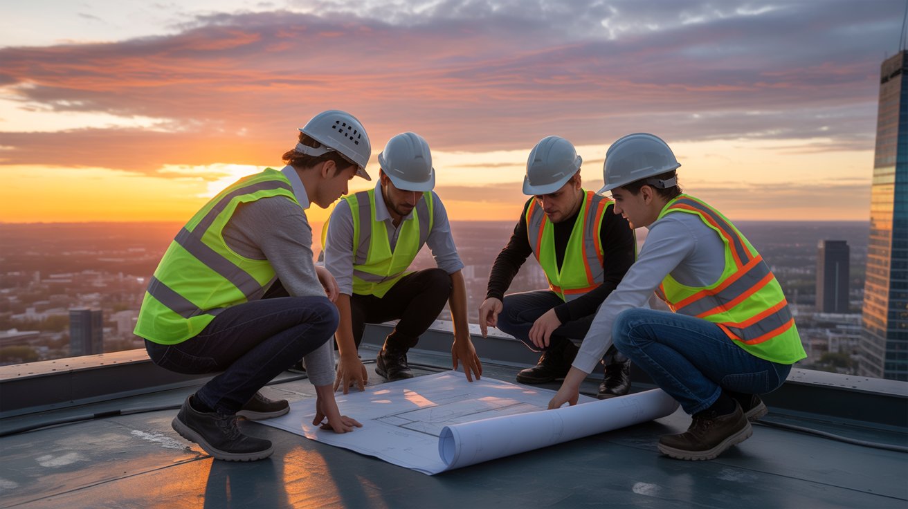 Four construction workers examining blueprints on a rooftop at sunset, wearing hard hats and high-visibility vests. The skyline is visible in the background, highlighting a roofing company in Delta's project.