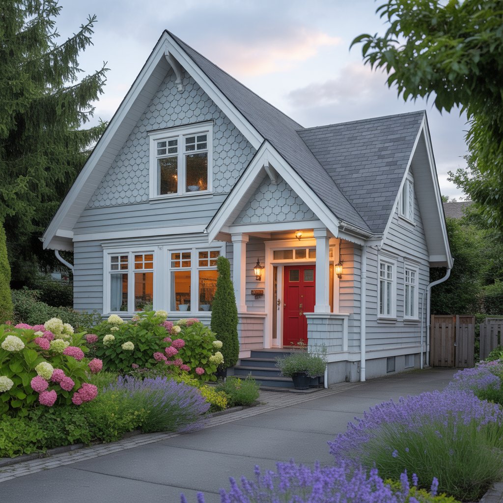 A charming blue and white house with a steep roof and large windows, surrounded by colorful hydrangeas and lavender, with a red front door, highlighting coquitlam roof installation on home.