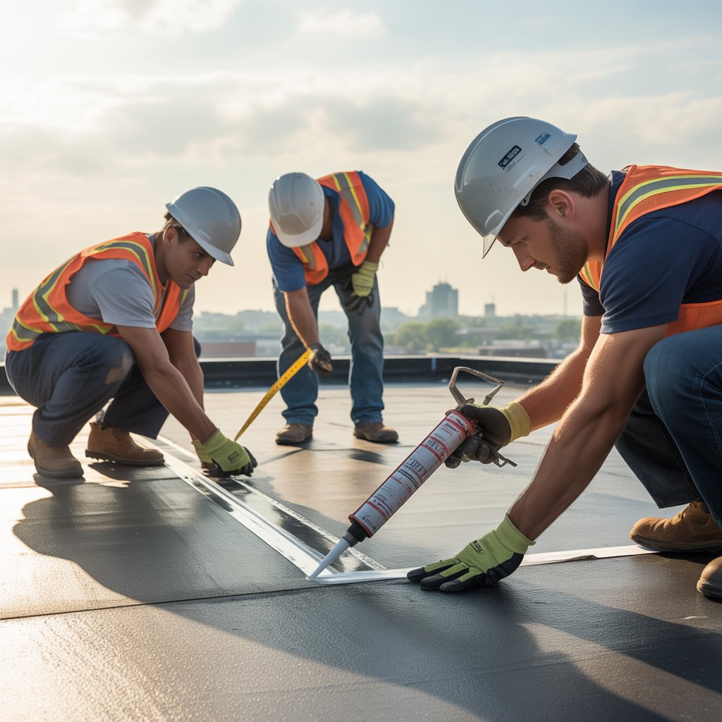 Three workers wearing safety vests and helmets applying sealant on a flat roof. One worker uses a caulking gun while others assist and observe. The city skyline is visible in the background, indicating a construction site.