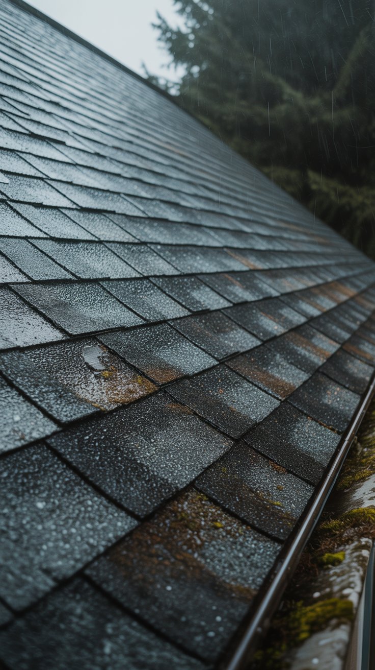 A close-up view of a sloped roof covered with dark shingles, showing water droplets on the surface. Moss is visible along the edge, and trees are faintly visible in the background, suggesting a rainy weather scenario, relevant to new west minister roof repair.