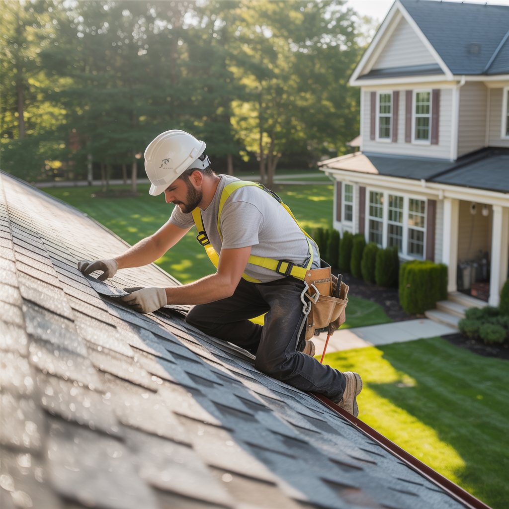 A male roofer wearing a hard hat and safety harness is carefully fixing the roof of a house. The sun casts a warm light over the scene, highlighting the textured shingles and the lush green lawn in the background, indicating a well-maintained home.