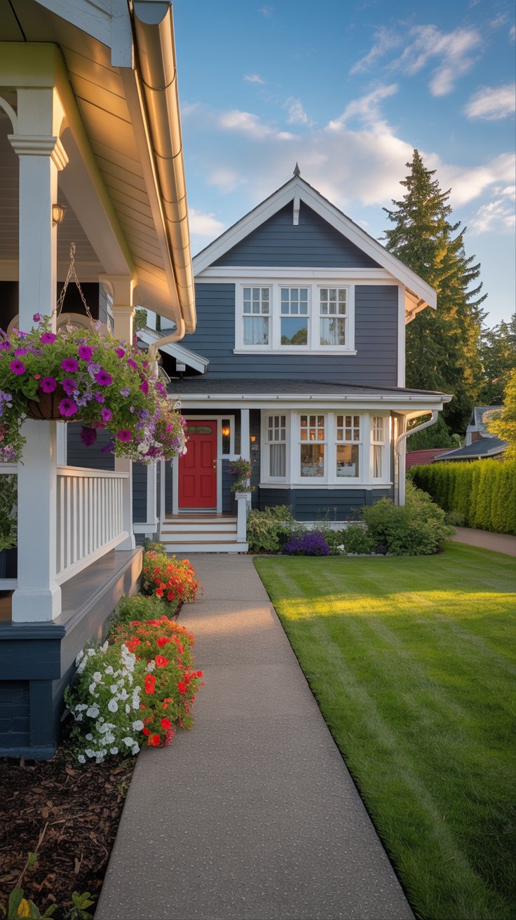 A well-maintained two-story house with blue siding, white trim, and a red front door. The front yard features neatly trimmed grass and colorful flower beds along the walkway, leading to the entrance. This image highlights elegant roof installation in Surrey.