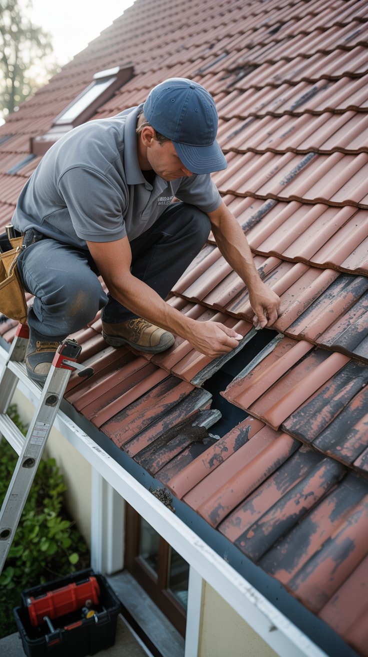 A worker repairing tiles on a sloped roof, using tools and standing on a ladder. The roof has terracotta tiles and a residential building is visible in the background. This image relates to roofing in Surrey.