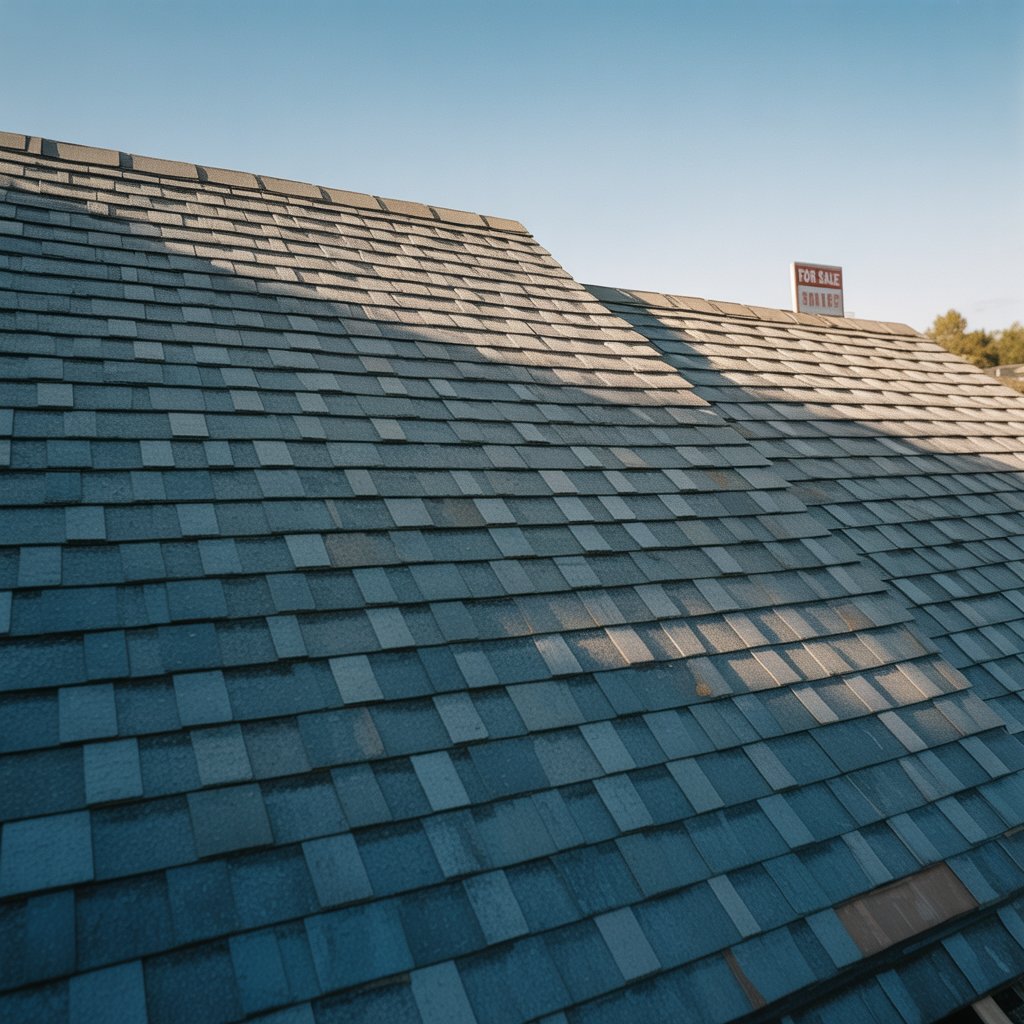 A close-up view of a sloped roof covered with gray shingles under a clear blue sky, showcasing the angles and textures of the roofing materials, relevant to Surrey shingle roof installation.
