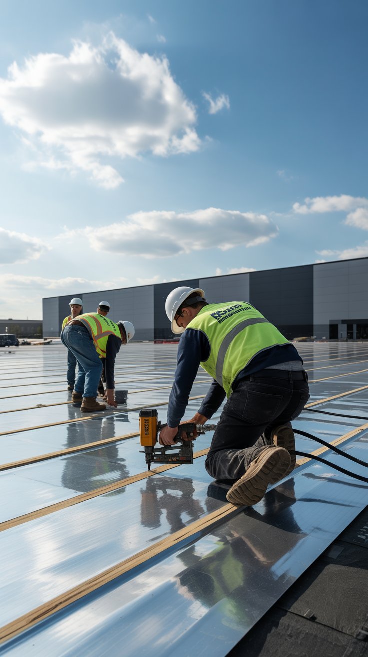 Workers in safety vests installing roofing materials on a commercial building rooftop. A man is using a nail gun, while others are moving along the roof under a blue sky with scattered clouds. Commercial roofing in Pitt Meadows.