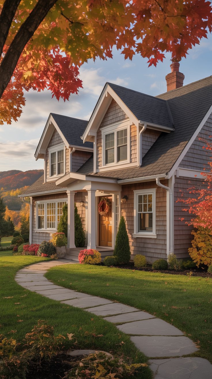 A charming house with gray siding and a front porch surrounded by autumn foliage. Colorful leaves in shades of red, orange, and yellow adorn the trees, and a stone pathway leads to the entrance, enhancing the seasonal appeal. Ideal for a Maple Ridge roof installation.