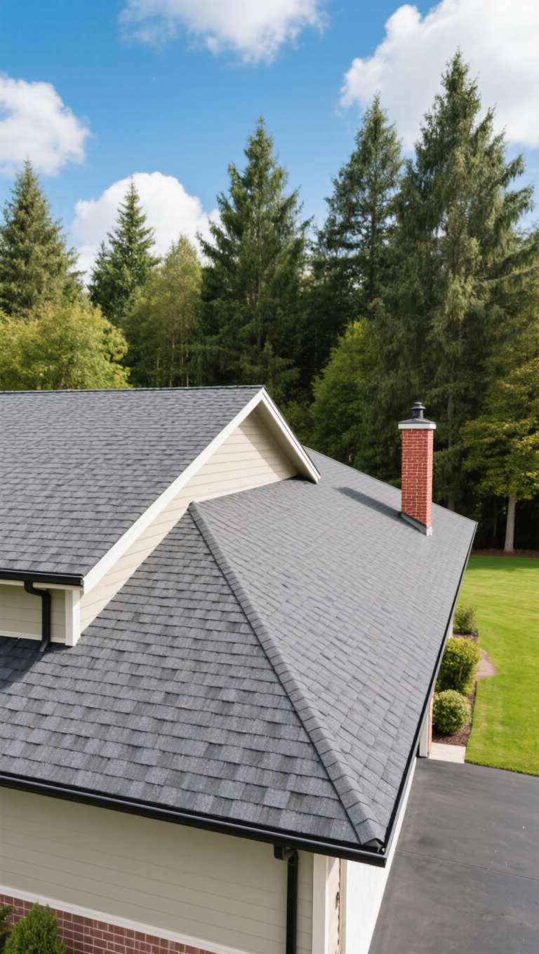 Aerial view of a house featuring dark gray Maple Ridge roof shingles. The roof slopes down towards a chimney, surrounded by tall trees and a grassy yard.