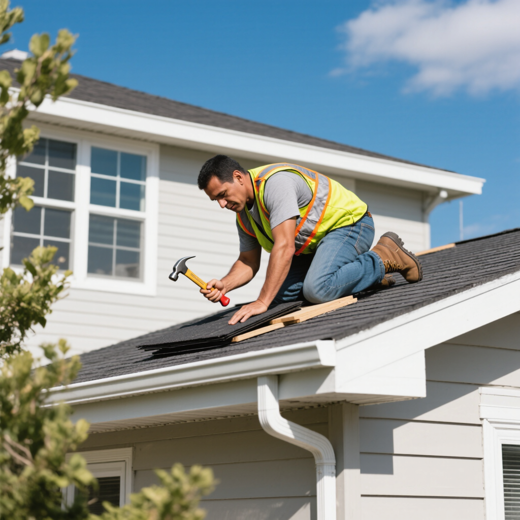 A worker wearing a safety vest installing shingles on a sloped roof of a house. The worker is using a hammer and focuses on securing the roofing material. Nearby, trees are visible against a clear blue sky.