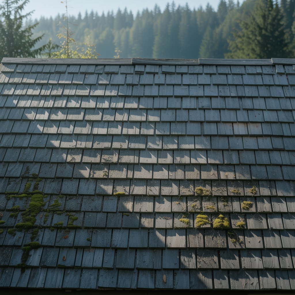 A close-up view of a wooden shingle roof with patches of green moss growing in some areas, under soft sunlight. Forested hills are visible in the background.