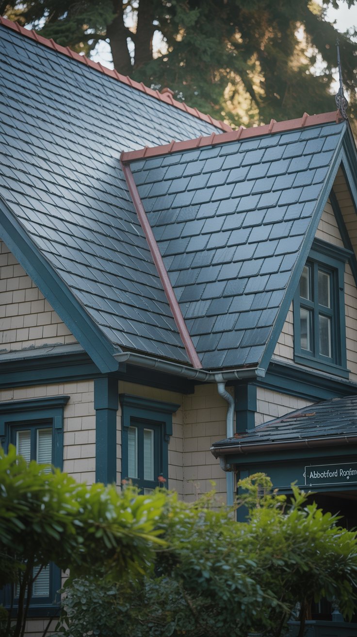 The roof of a house with a slate finish, featuring a sloped design and a red trim, blends with surrounding greenery. The house has traditional architectural details, emphasizing its roof installation suitable for Abbotsford.