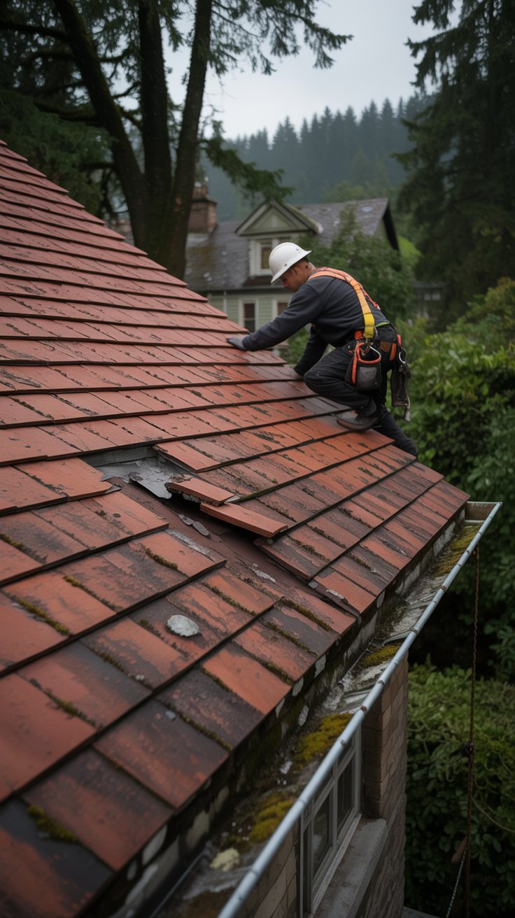 A roofer wearing safety gear is working on a red tiled roof of a house surrounded by trees. The scene shows the roofer adjusting tiles while a forested area is visible in the background. This image relates to Abbotsford roof repair.