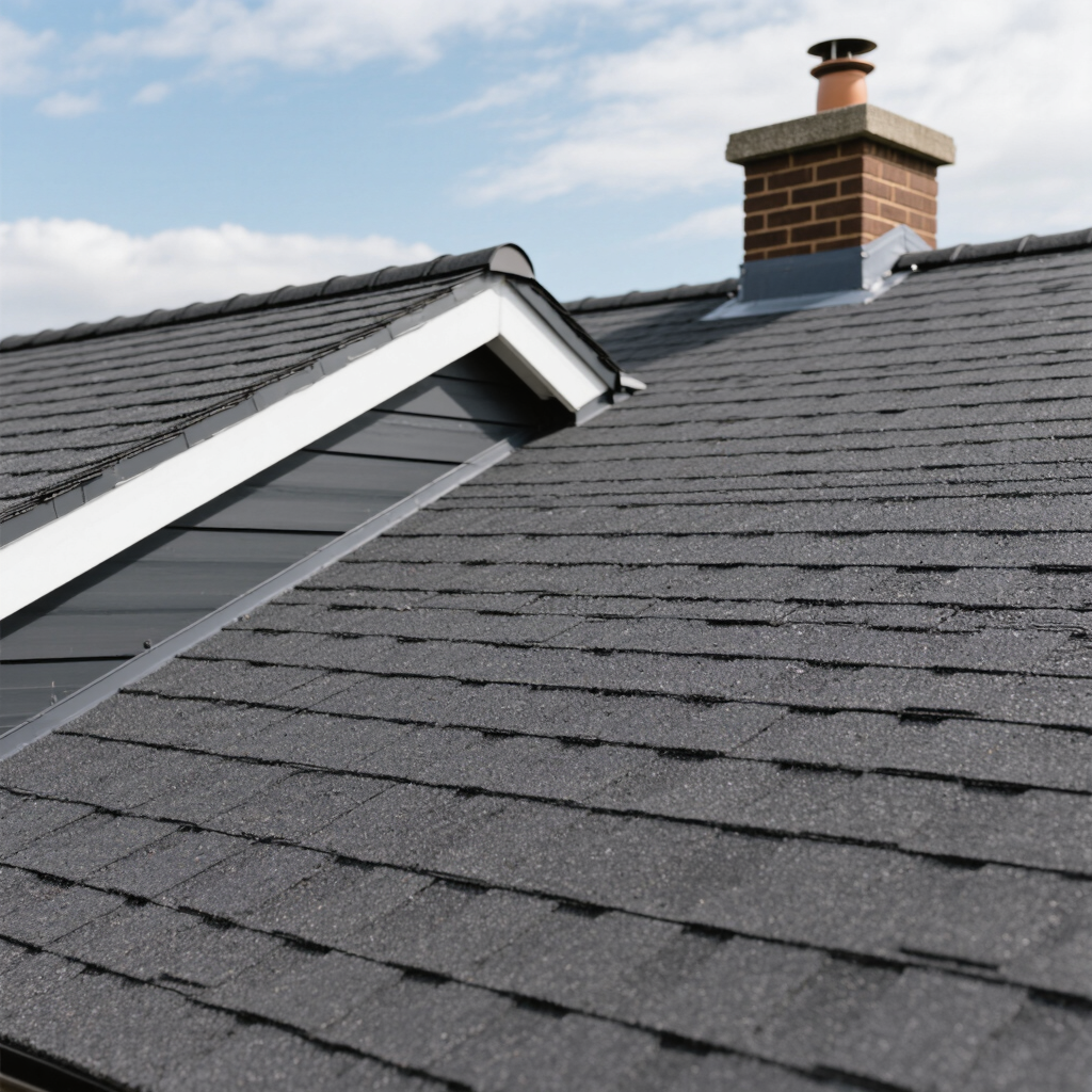 A close-up view of a sloped roof covered with dark shingles. A chimney is visible on the roof, with a clear sky in the background. The shingles appear new and well-maintained, showcasing the quality of abbotsford roof shingles.