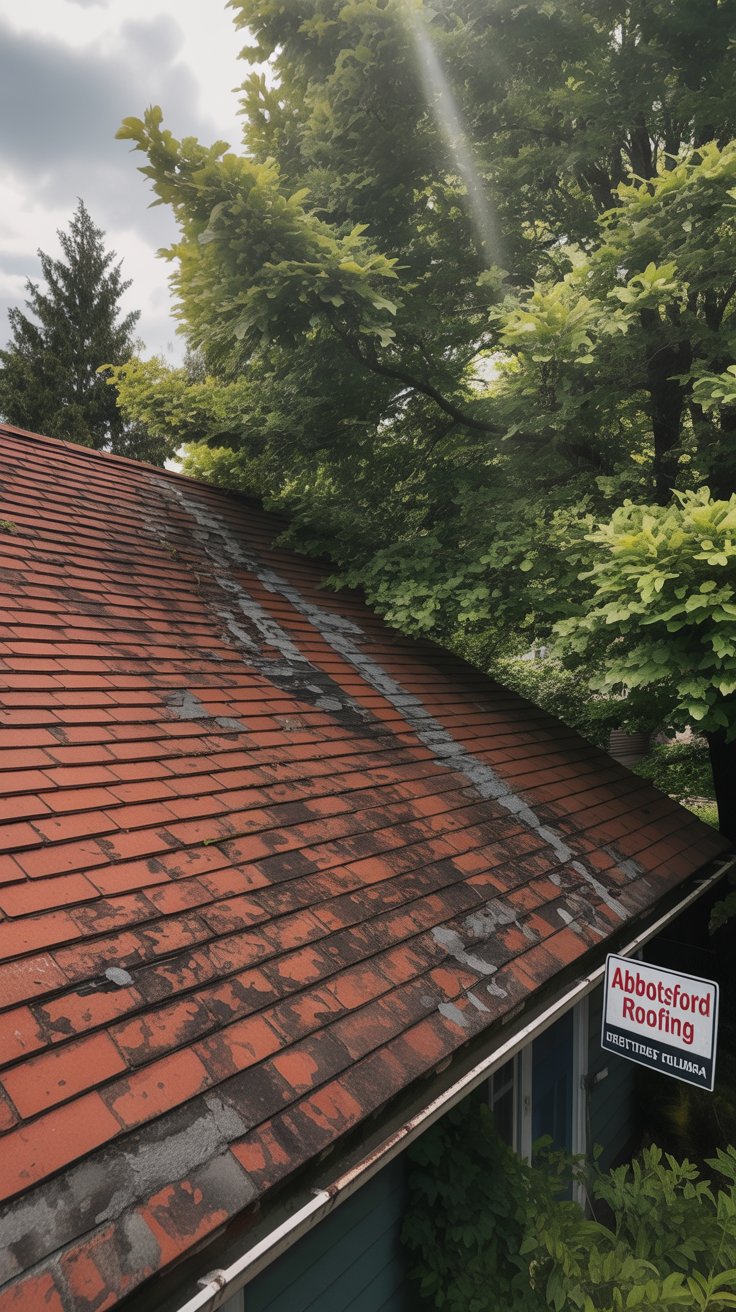 An elevated view of a sloped roof covered with weathered red shingles. A sign for Abbotsford Roofing is visible near the bottom, with trees surrounding the house and sunlight filtering through the leaves.