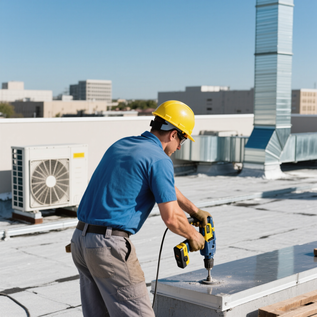 A worker on a rooftop, wearing a yellow hard hat and blue shirt, using a power drill on a metal surface. In the background, there are air conditioning units and a clear blue sky, highlighting a commercial roofing project.