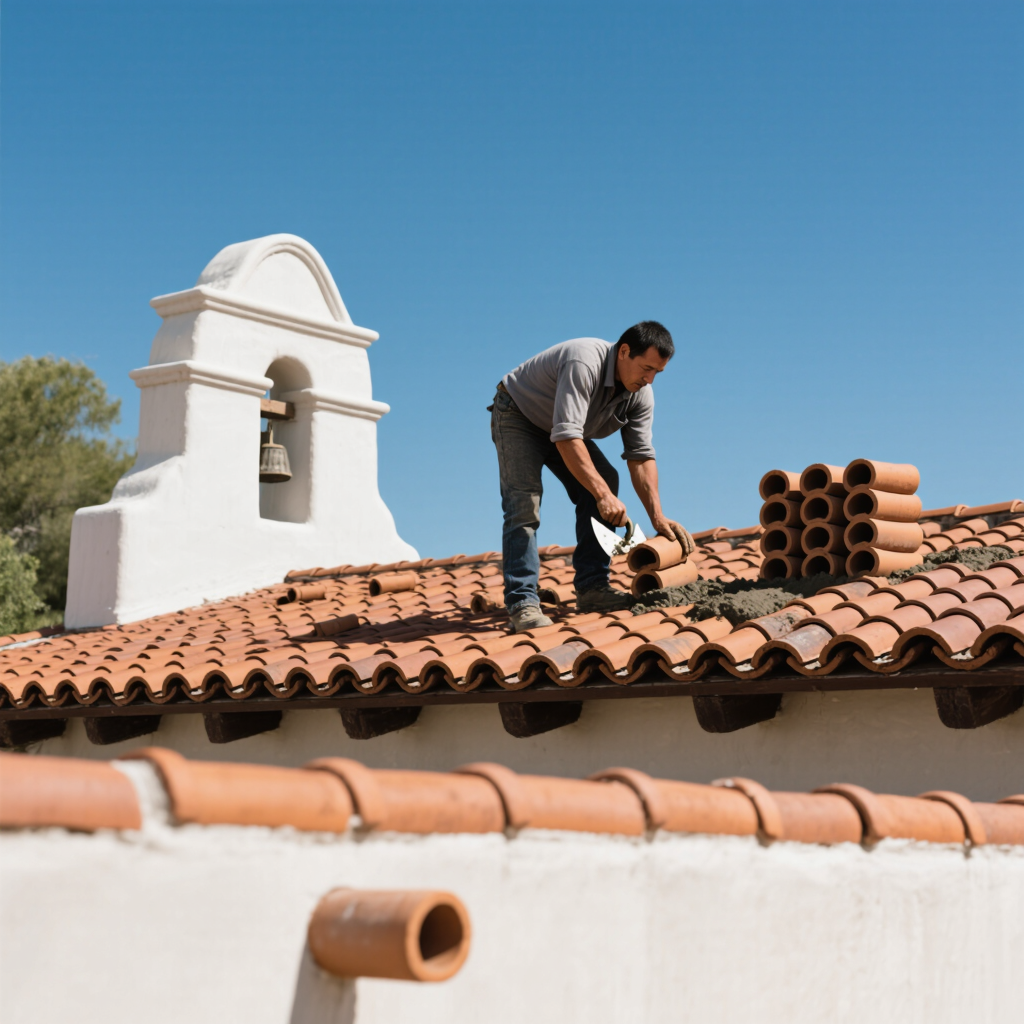 A roofer working on a clay tile roof, applying material to the surface. In the background, a bell tower is visible under a clear blue sky, and additional tiles are stacked nearby.