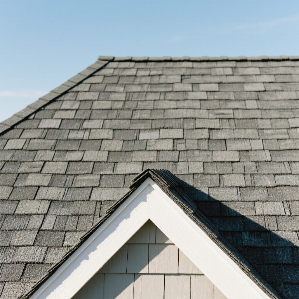 A close-up view of a gray shingle roof with a triangular gable, under a clear blue sky. The shingles appear well-maintained, emphasizing the roof's structure.