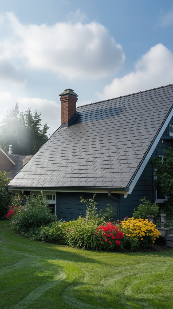 A residential house with a sloped asphalt roof and a red brick chimney, surrounded by a well-maintained garden featuring colorful flowers and green grass under a partly cloudy sky. Ideal for complete roofing asphalt installation.