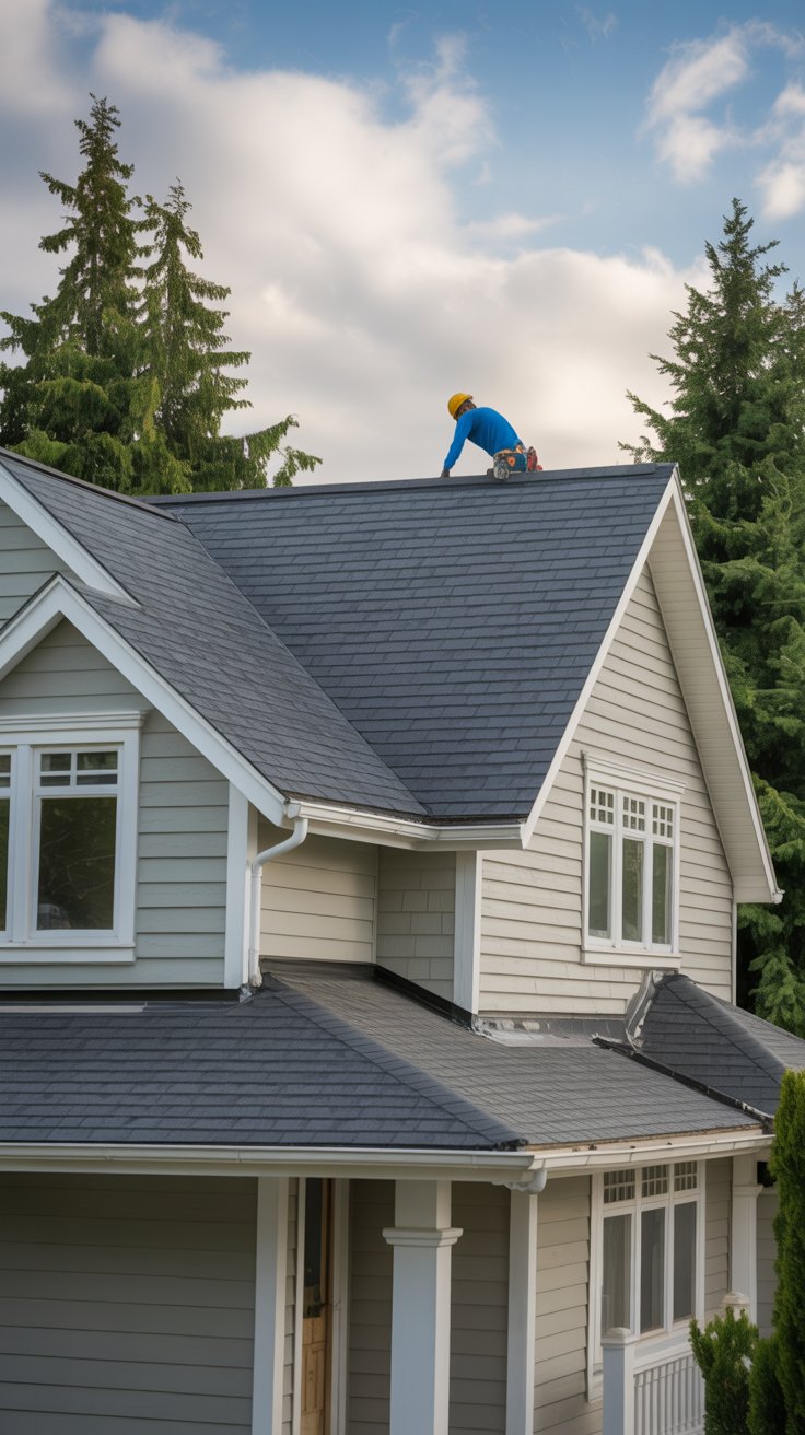 A worker in a blue shirt standing on the roof of a modern house with gray shingles, surrounded by tall green trees under a partly cloudy sky. This scene represents Chilliwack roof installation in progress.