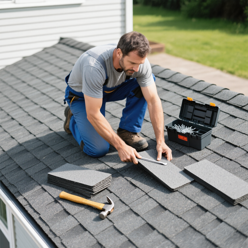 A man kneeling on a shingled roof, arranging roofing shingles with tools beside him, including a hammer and a toolbox. This image demonstrates Chilliwack roofing shingle repair.