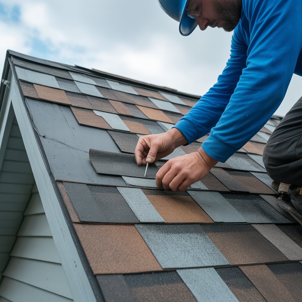 A roofer carefully installing shingles on a house roof. The professional is focused on his task, wearing a blue shirt and a safety helmet. The roof features a mix of brown and gray shingles under a cloudy sky, showcasing roof repair in Langley.