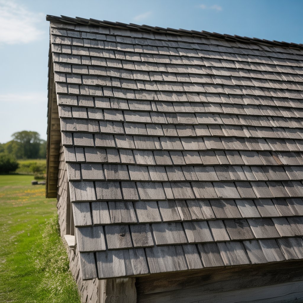 Close-up view of a roof covered with eco friendly cedar shake shingles, showcasing the texture and arrangement of the wooden shingles against a clear blue sky.