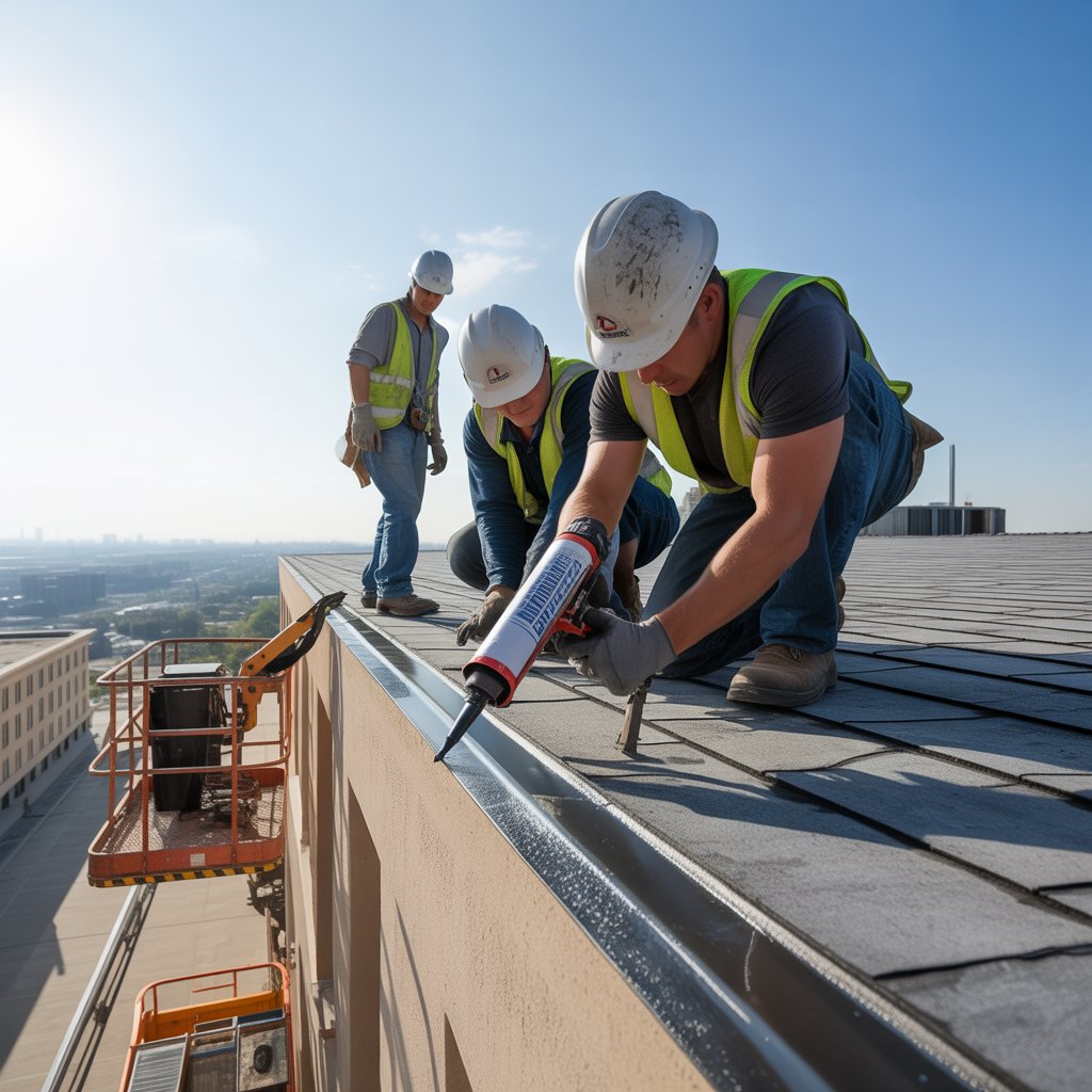 Three construction workers, wearing helmets and safety vests, apply sealant to a commercial flat roof using a caulking gun. A lift is visible in the background against a clear blue sky.