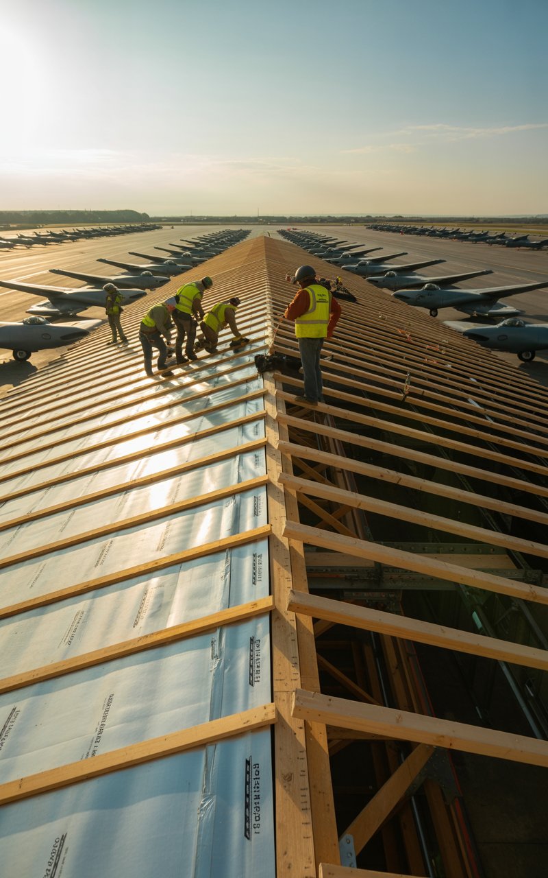 Workers in yellow safety vests installing roofing materials on a large commercial roof. In the background, several airplanes are parked on the airstrip under a clear sky.