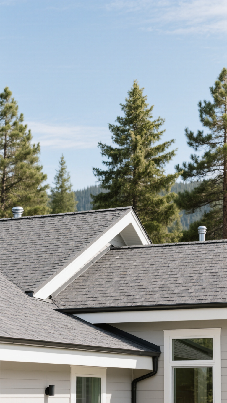 A close-up view of a modern home's gray roof, with trees in the background under a clear blue sky. The roof features various angles and is complemented by a corner of the house visible in the frame.
