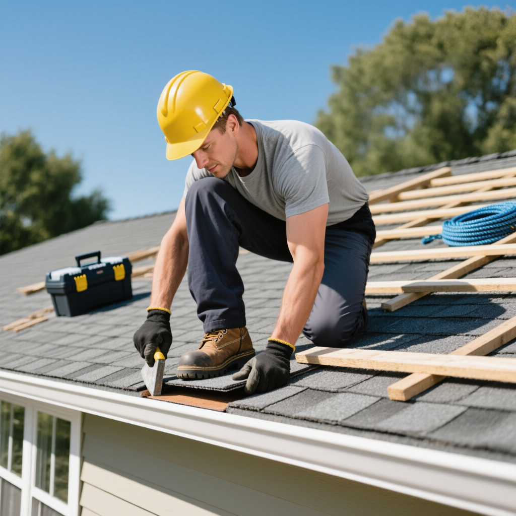 A man wearing a yellow hard hat and gloves is performing roof repair in Kelowna. He kneels on a sloped roof, using a tool to secure shingles, surrounded by wooden support beams and tools. A clear blue sky forms the backdrop.